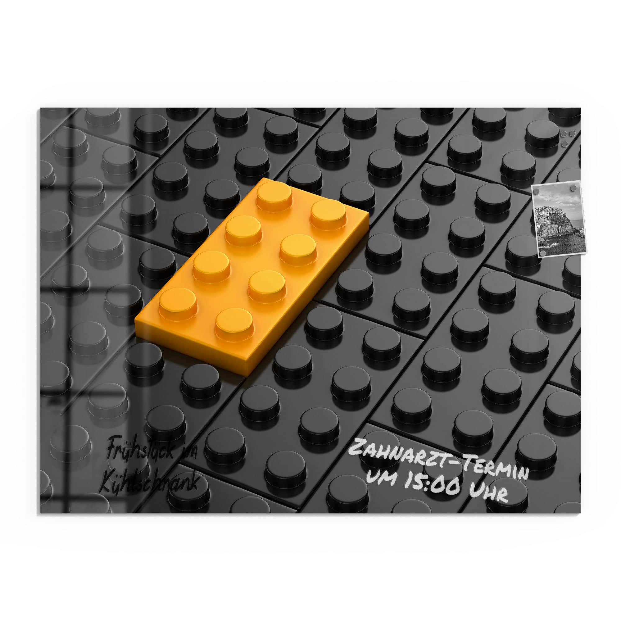 DEQORI Szklana tablica magnetyczna, wymiary 120 x 90 cm, motyw "klocki z wypustkami, tablica memo ze szkła, tablica magnetyczna z magnesami, długopisem i chusteczką do kuchni i biura, tablica magnetyczna i do pisania