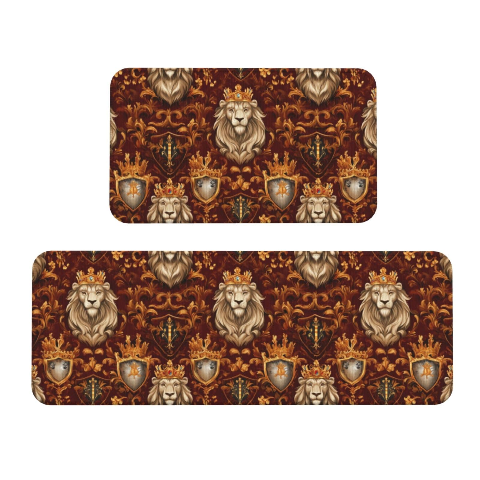 GVYGVY Antifatigue Kitchen Mats for Floor 2 Piece - Classic Style Lion Print Kitchen Rugs Washable, Non Slip Runner Rug Standing Mat for Office/Bathroom/Laundry/Home Decor and Accessories