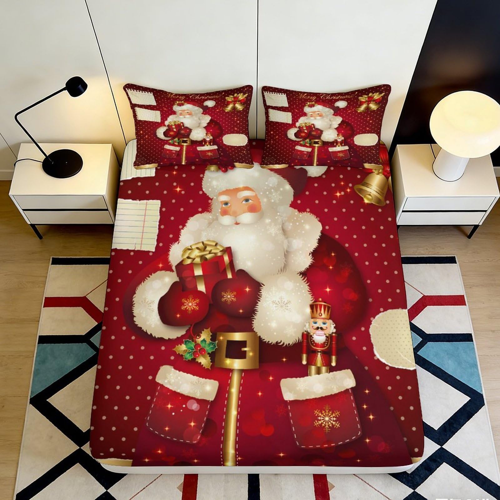 3D Printed Christmas Santa Fitted Sheet Microfiber Soft Durable Nutcracker Bed Cover for Bedroom Dormitory Guest Room Mattress Protection 140x200x25cm