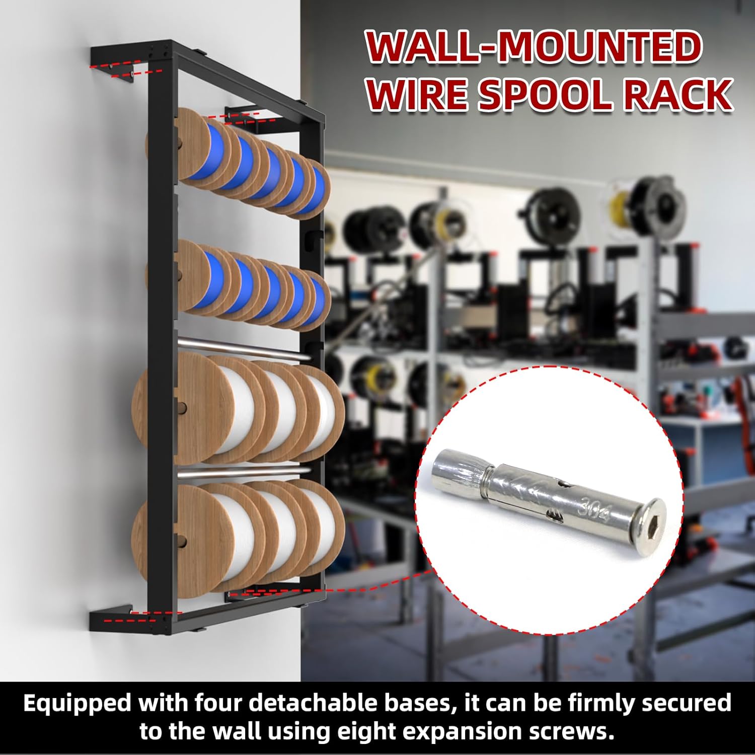 ATOLS Heavy Duty Wall-Mounted Wire Spool Rack – 6 Adjustable Rods Cold-Rolled Steel Cable Caddy for Electrical Wire Storage, Romex Wire Dispenser & Spool Holder for Industrial Garage Workshop