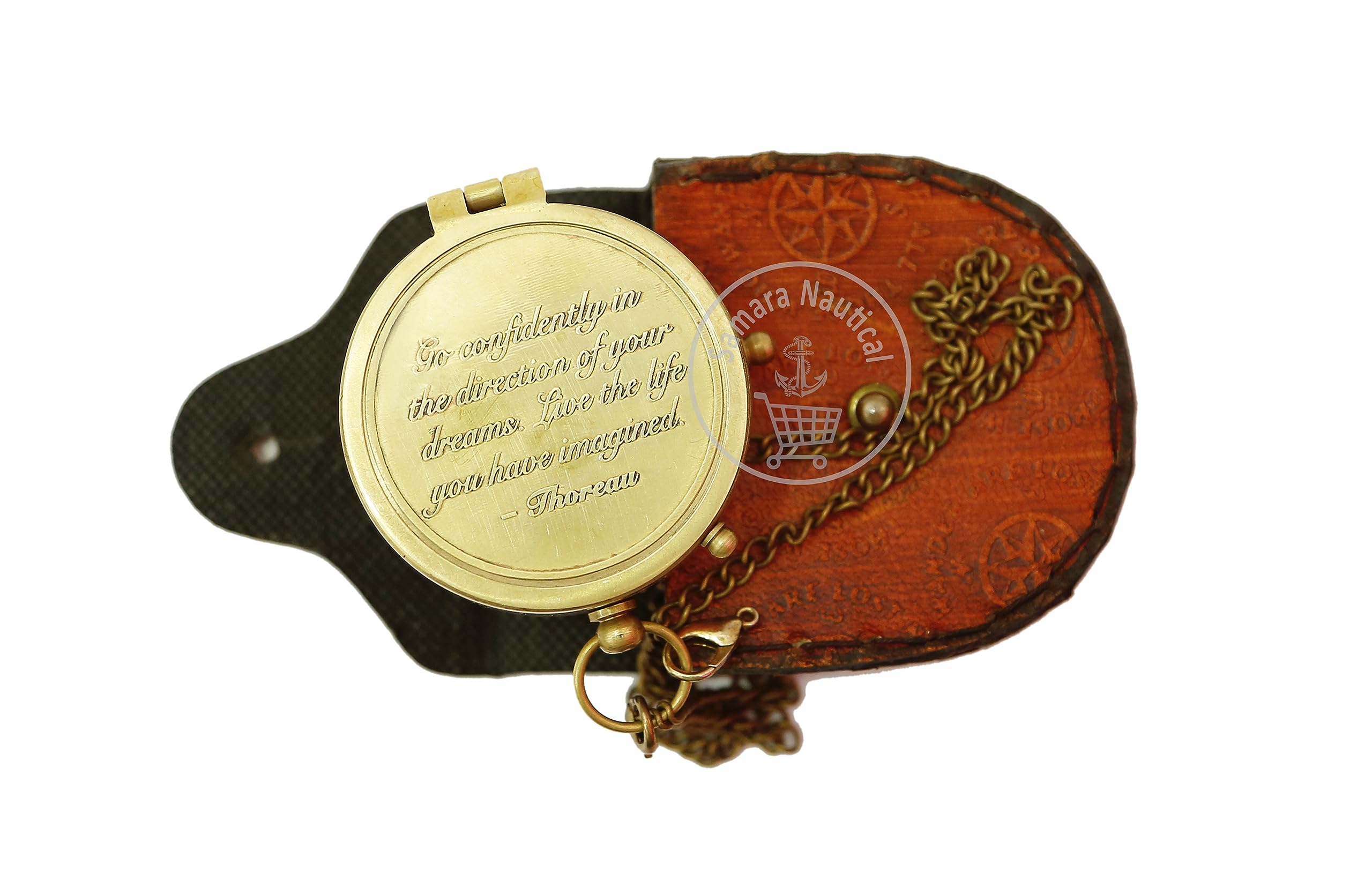 Brass Compass Engraved with Thoreau's Go Confidently Quote and Stamped Leather Case, Boys Gifts