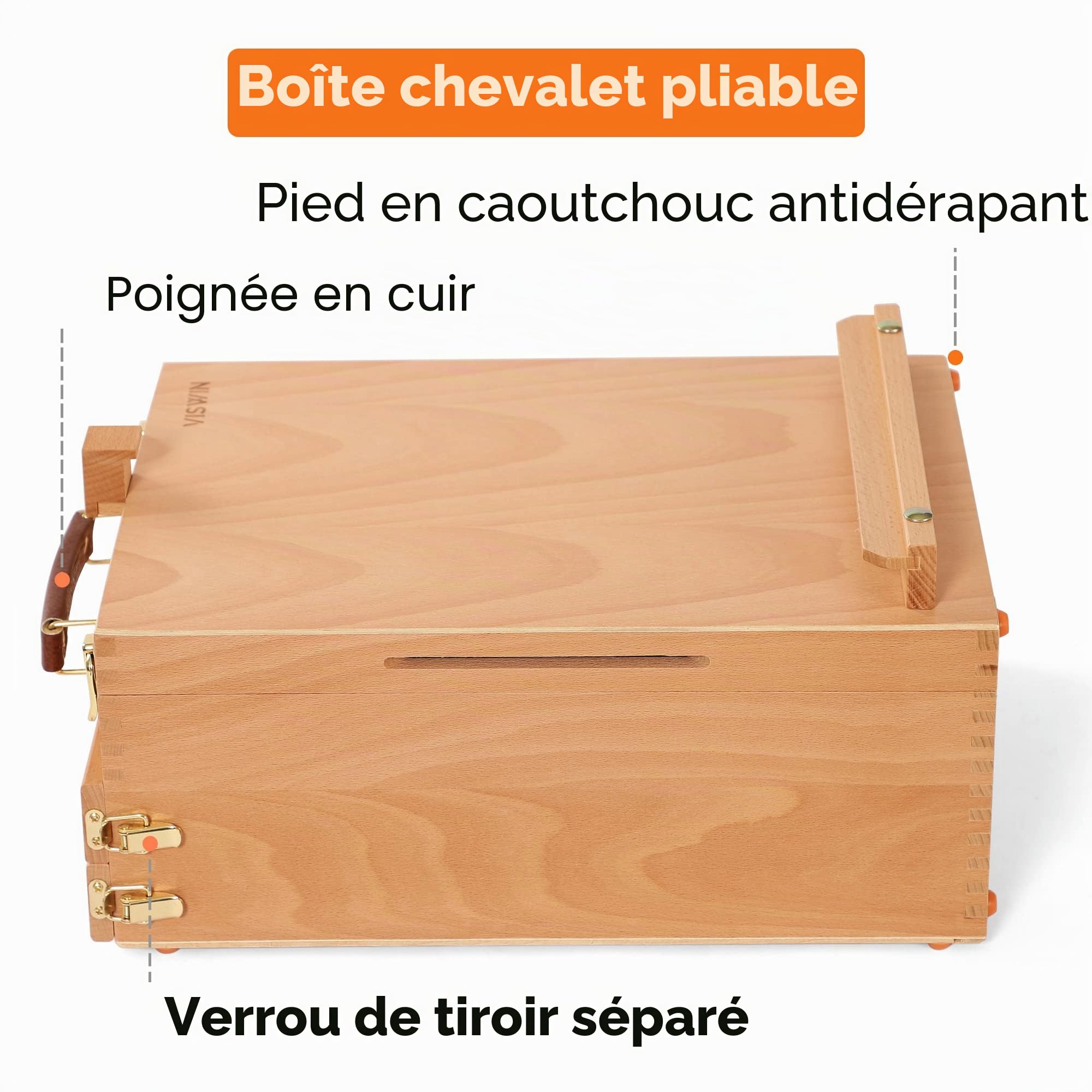 VISWIN Grande Boîte de Chevalet de Table Avec 3 Tiroirs, Boîte de Rangement Portable en Bois de Hêtre Pour Toile de Peinture, Fournitures d'Art, Adultes, débutants, Artistes