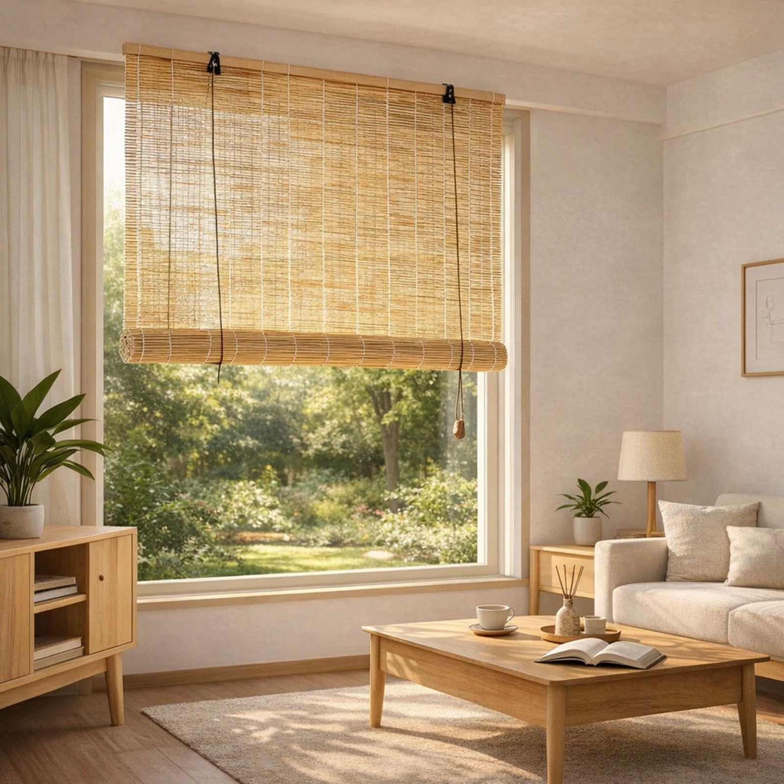 Store Enrouleur Bambou,Store À Rouleau en Bois,Rideau Bambou Exterieur,50 70 90 110 130 150 180cm Protection Solaire Et Brise-Vue,Store Fenetre Occultant,pour Balcon/Jardin(Natural White,130x220cm)