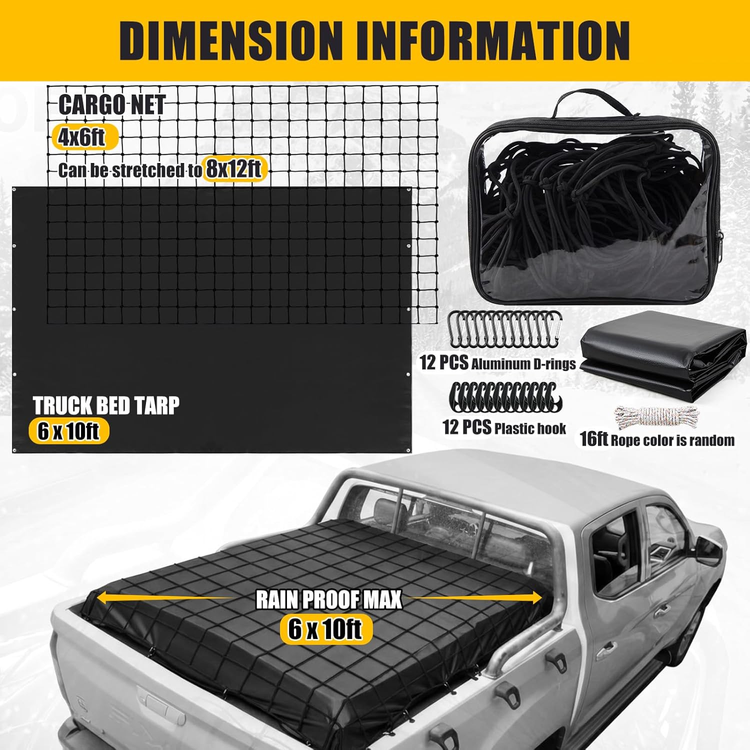 Tranqun Cargo Net for Pickup Truck Bed, XXL Waterproof Truck Bed Tarp Cover & Net Kit, 4' x 6' Stretches to 8' x 12', Complete Cargo Securing Set with D-Rings, Hooks & Rope
