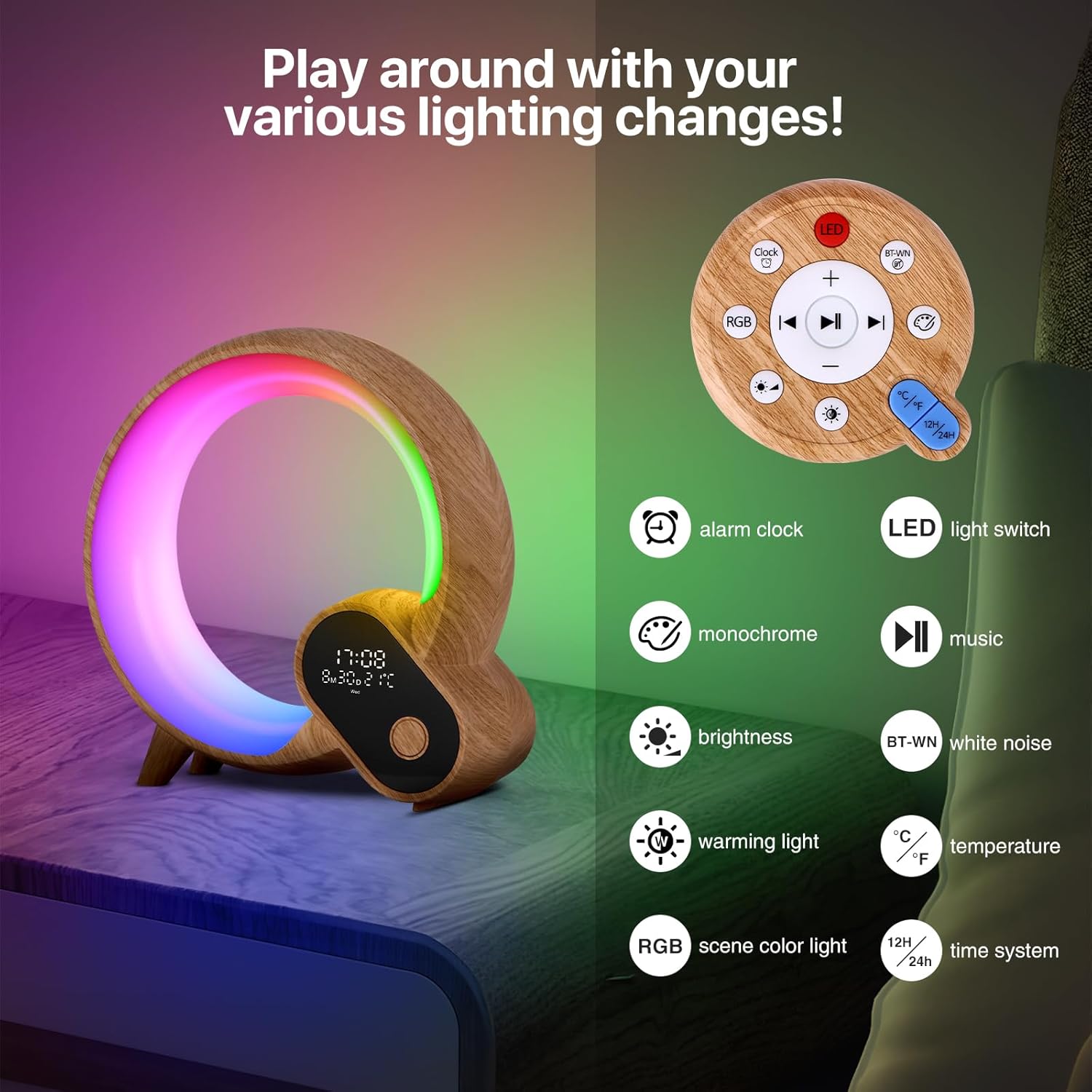 A close-up of the sunrise alarm clock and its remote control, highlighting the wood grain finish and the Q-shape.