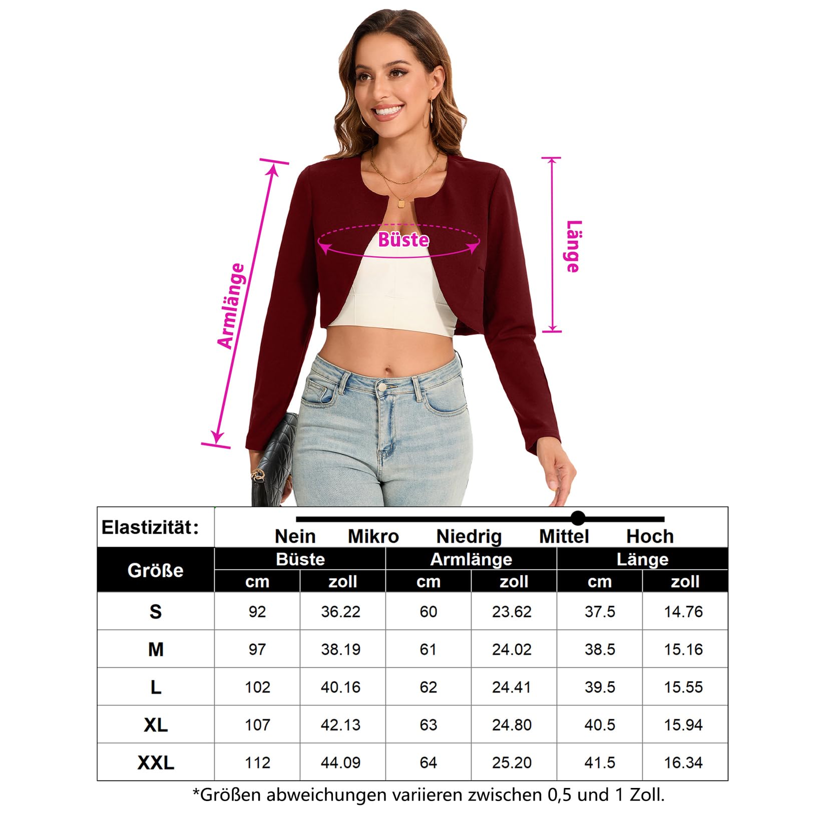 Bolero da donna, elegante, aperto sul davanti, maniche lunghe, per abiti da sera
