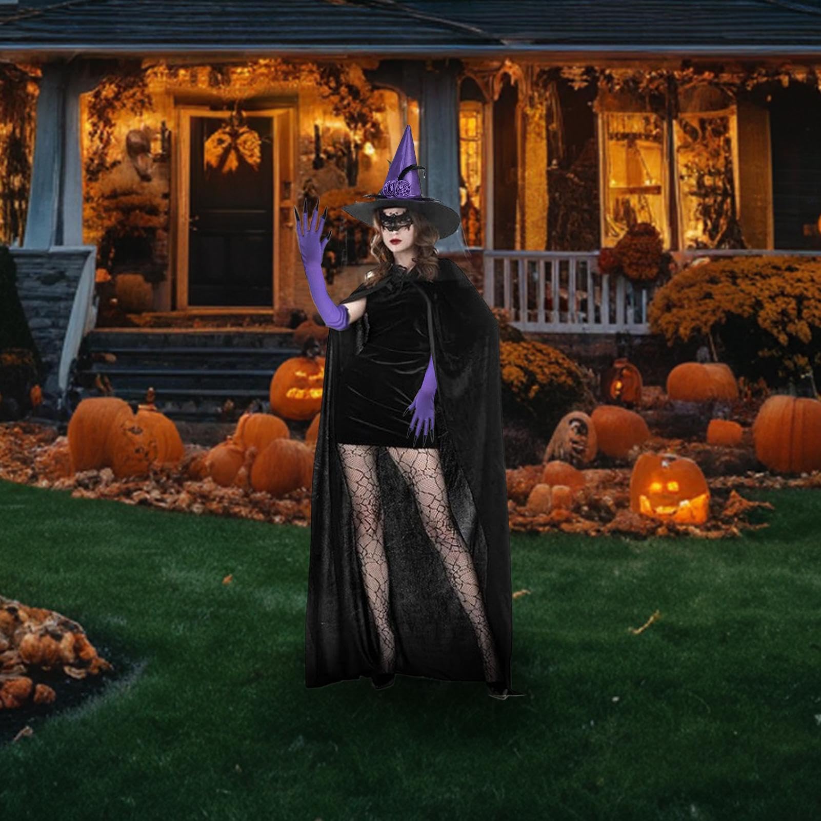 Kostium czarownicy – zestaw do cosplay czarownicy – Halloween, koronkowa maska skarpety, peleryna, kapelusz na scenę, imprezy, wesele