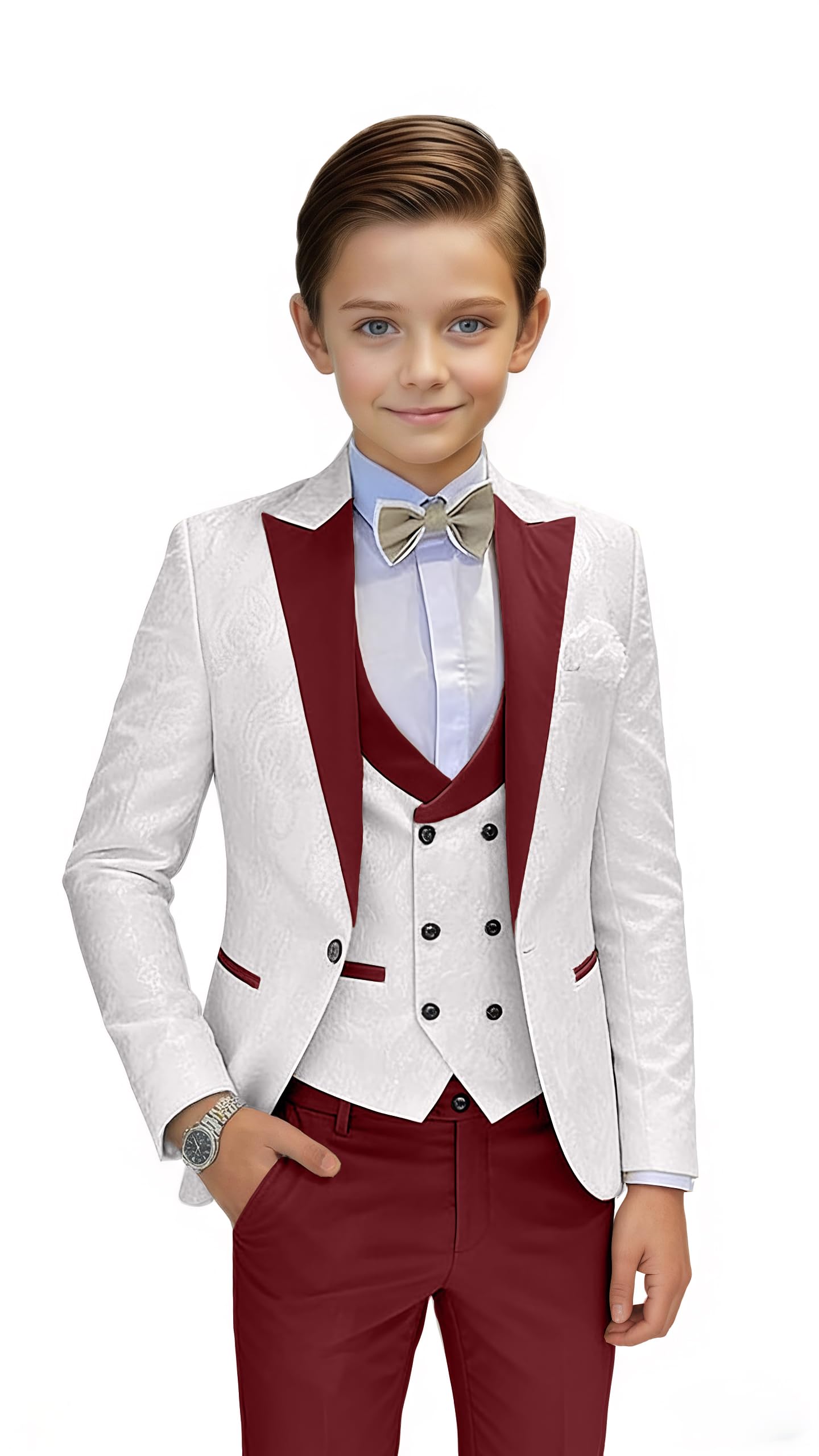 Suits for Boys Floral Jacquard Boys Suit 3 Piece Peak Lapel Tuxedo Suit Set Formal Kids Outfit for Wedding