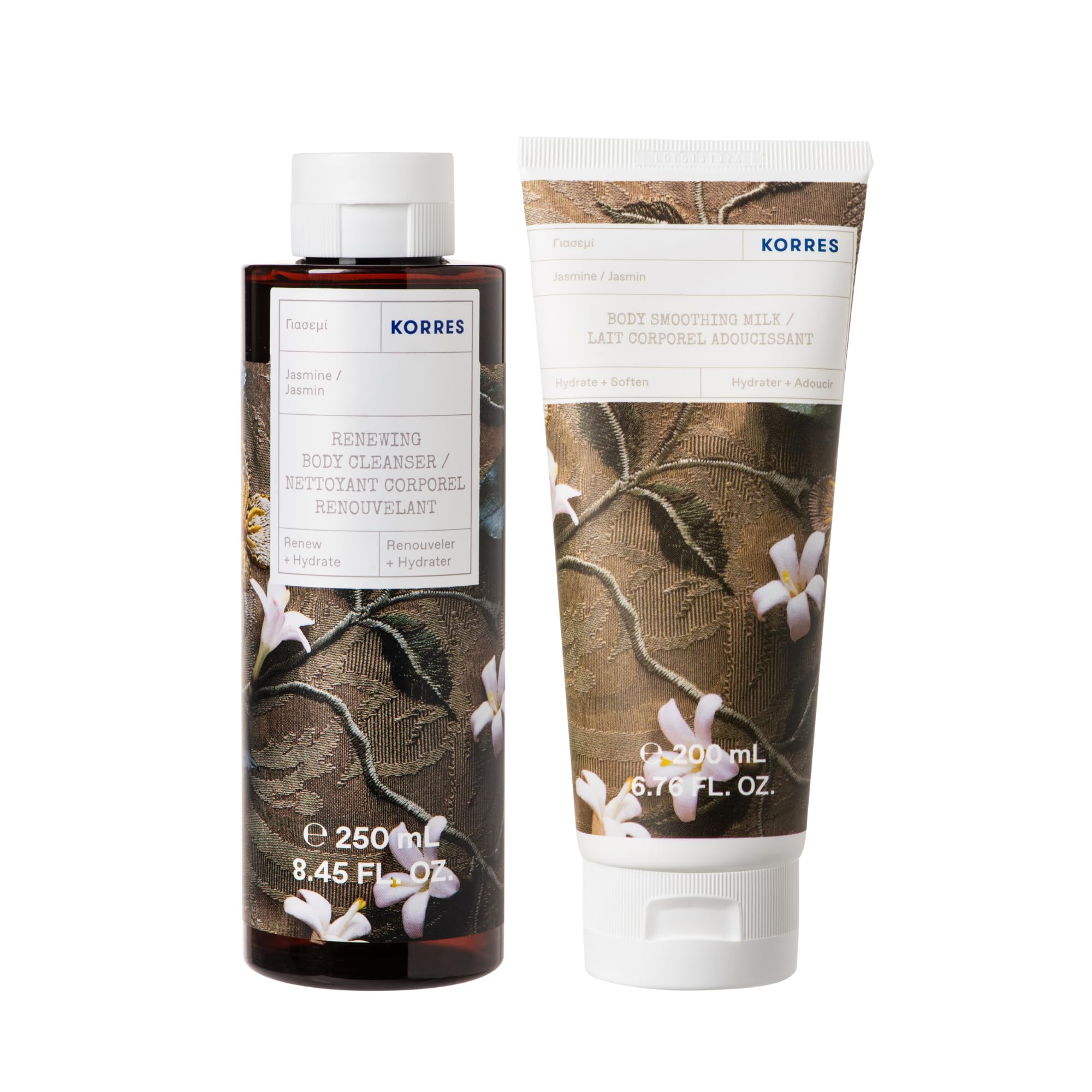 KORRES JASMINE, set regalo per la cura del corpo, in gel doccia da 250 ml e latte per corpo da 200 ml, per uomo e donna, con profumo di gelsomino, vegano
