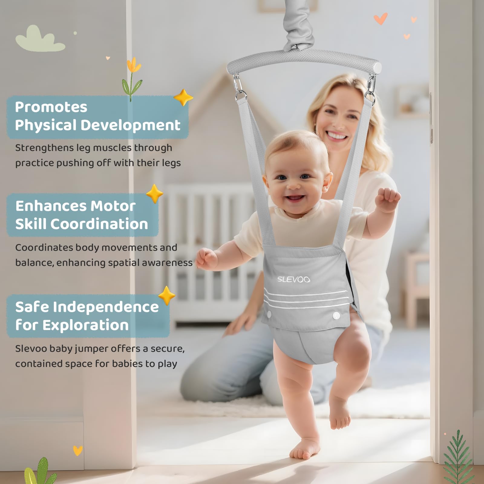 Slevoo Baby Jumper, BabyTürhopser für Babys von 6–24 Monaten, Baby-Türwippe mit einfach zu verwendender Klemme und verstellbarem Gurt, Tragfähigkeit 18 kg(Grau)