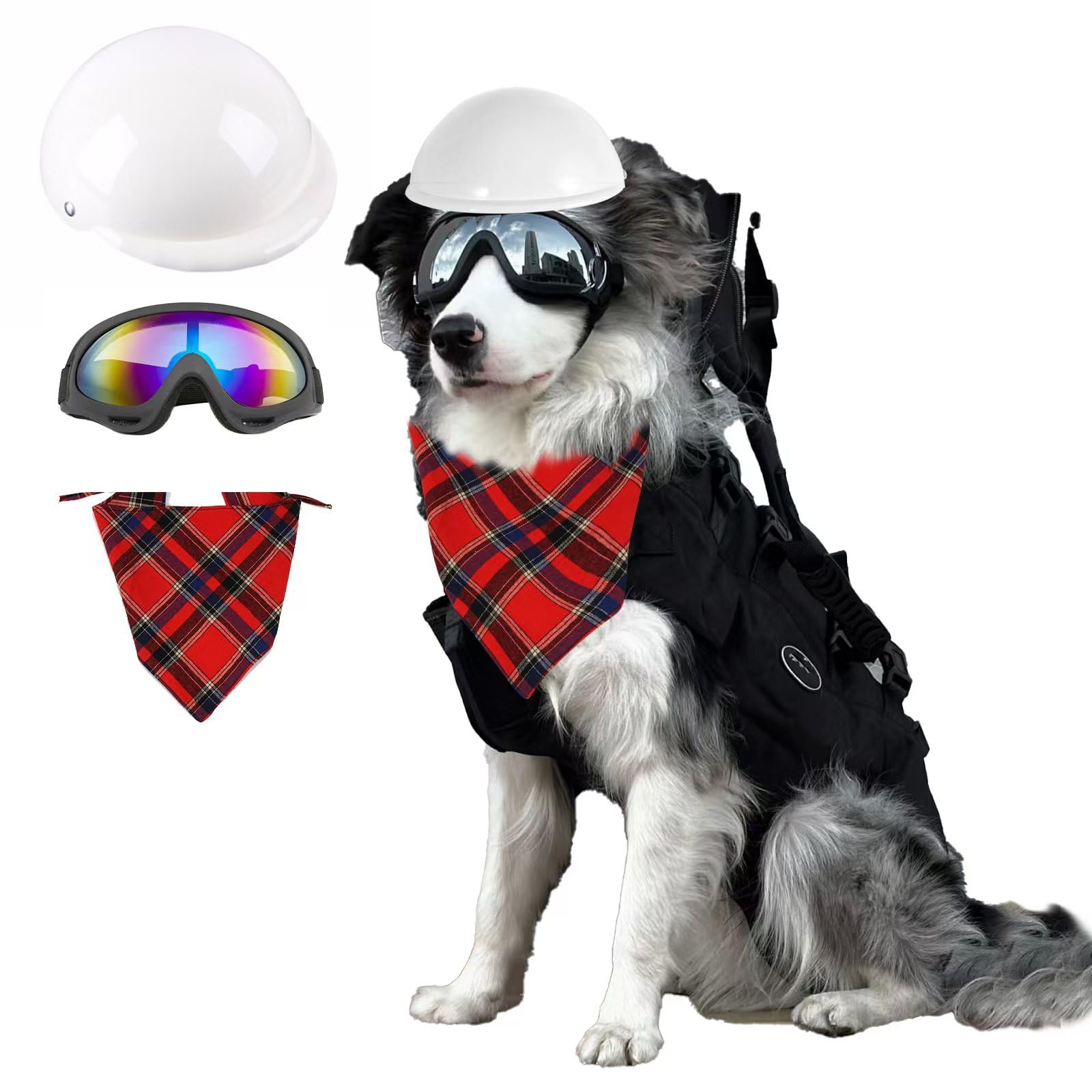 Pet Safety Accessory Set?Pack of 3?, Dog Helmet with Goggles and Plaid Bandana, Ultimate Pet Fashion Trio: Crash-Proof Helmet + Sunglasses + Plaid Scarf Set - Dog Safety Gear & Style Combo