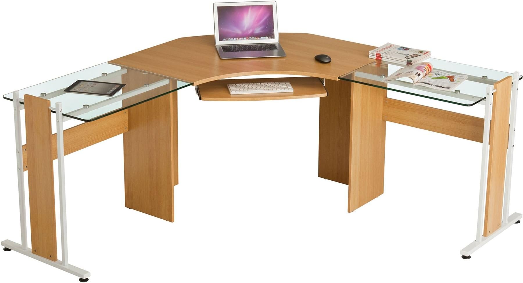 Large Corner Computer Desk Office Table with Glass Wings for Home Gamers Students Work Oak Effect - Piranha Furniture PC 42o