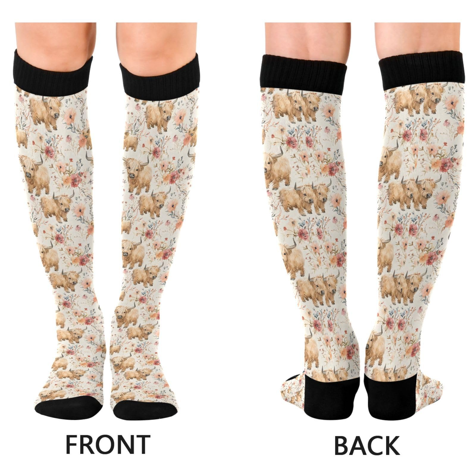 ALAZA Cute Cow Blossom Flower Compression Socks for Women Men Circulation Long Socks Running Athletic Cycling 1 pair