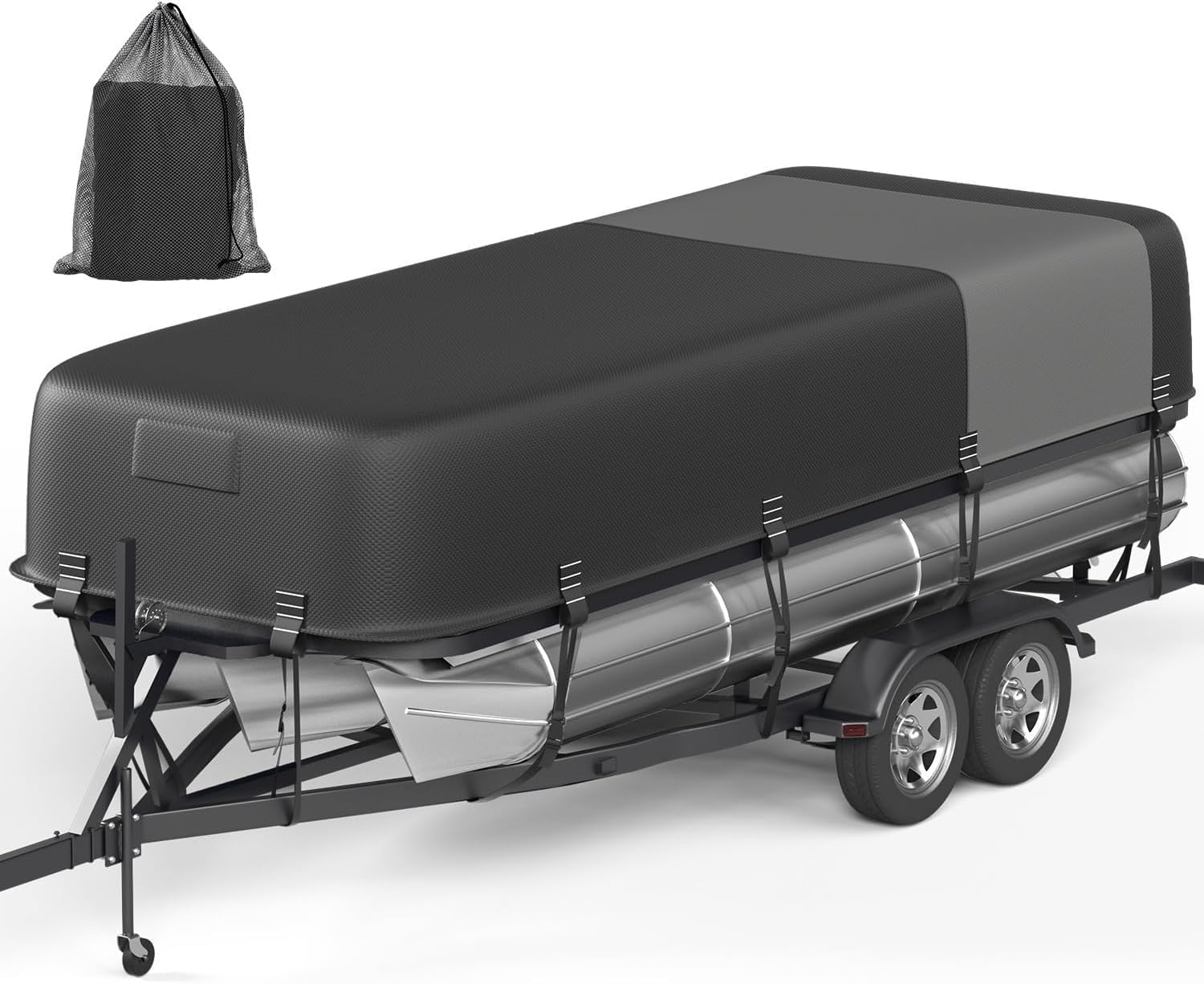 1600D+1200D Pontoon Boat Cover with Windproof Widened Straps for Trailerable & Mooring, Waterproof Anti-Tear Boat Cover with Storage Bag for Pontoon (Gray+Black, Length:17'-20' Beam Width: up to 102")