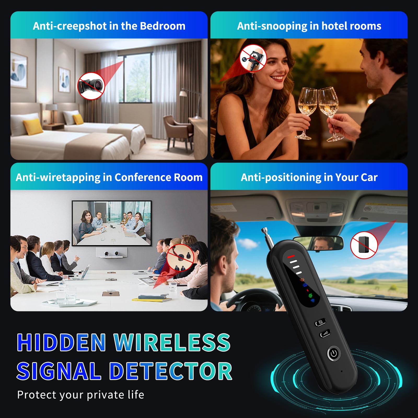 Rilevatore di Microspie Senza Fili,4 in 1 Professionale Portatile Rilevatore di Telecamere Nascoste RF Microspie Anti Spy Anti Recording Detector per Hotel Ufficio Casa Auto