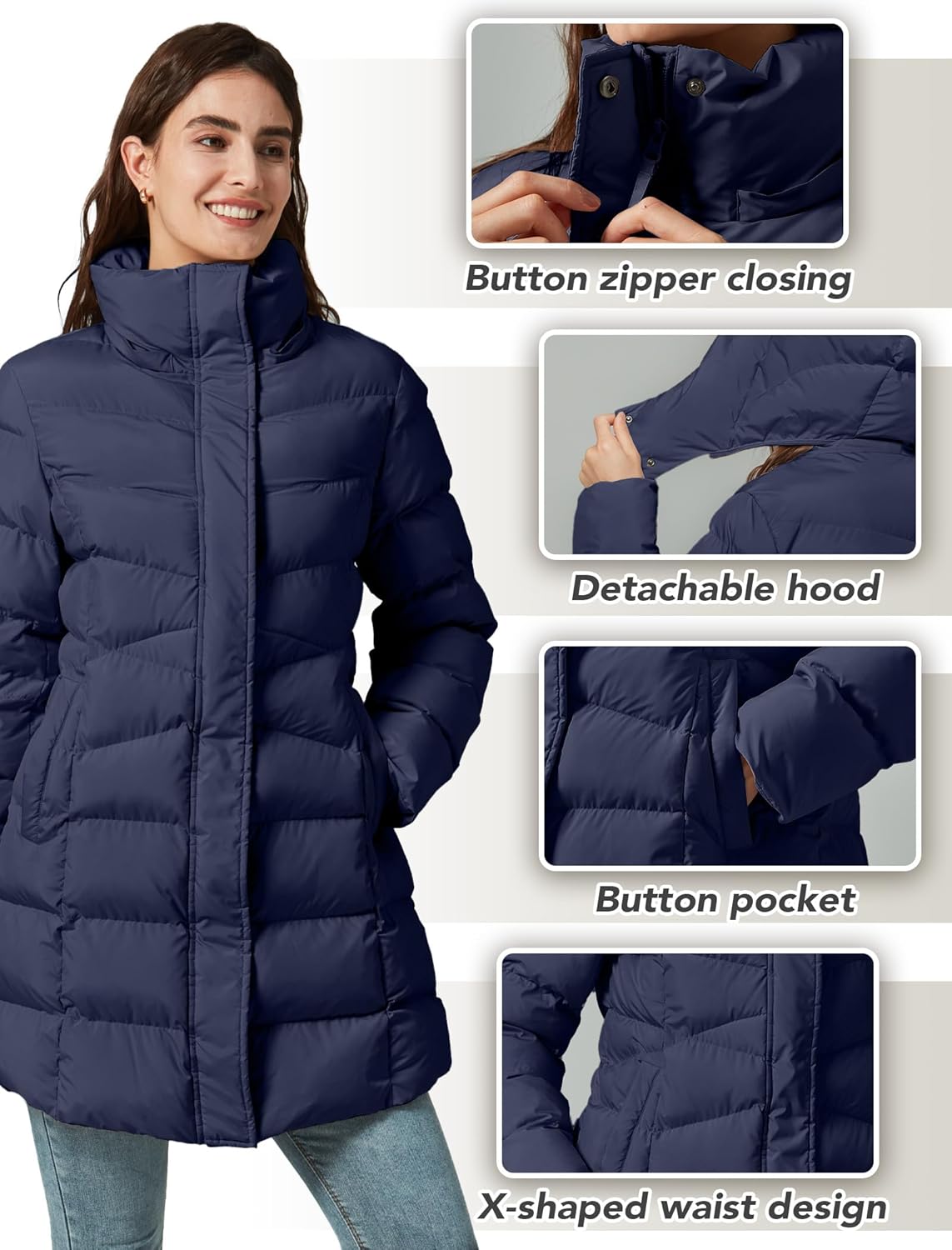 Women's Winter Warm Long Puffer Jacket Detachable Hood Quilted Thicken Coats - Image 5