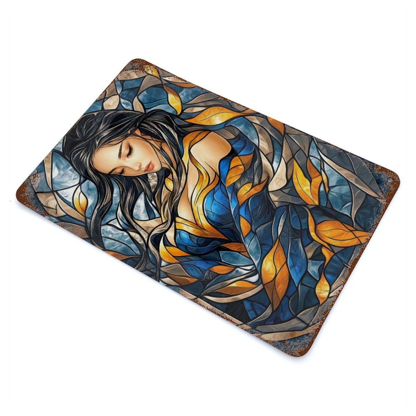 Stained Glass Woman 11.8"x7.9" Aged Metal Wall Plaque, Retro Wall Decor for Farmhouse, Kitchen And Entryway Decor