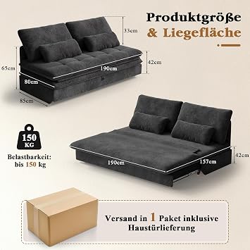 Devoko Sofa mit Schlaffunktion 190 x 157 Ausziehbares Schlafsofa mit Bettkasten Kleine 2 Sitzer Chenille Couch Klappsofa Schlafcouch mit Stauraum für Wohnung und Wohnzimmer Schwarz