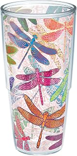 Made in USA Double Walled Dragonfly Mandala Insulated Tumbler Cup Keeps Drinks Cold & Hot, 24oz Unlidded, Classic