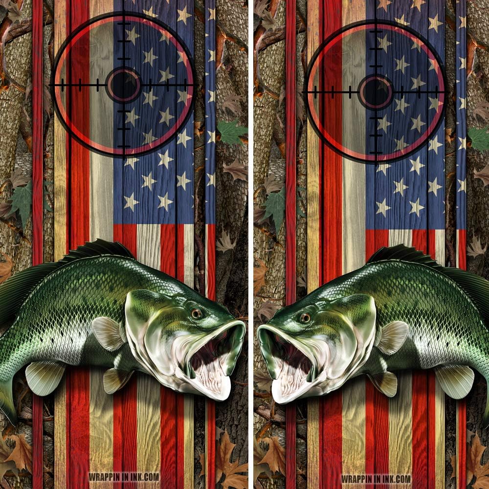 Speed Demon Hot Rod Shop Cornhole Board Wraps ~ American Flag and Camo with Large Mouth Bass Fish Corn Hole Boards Laminated Decal Wraps (Set of 2) #02