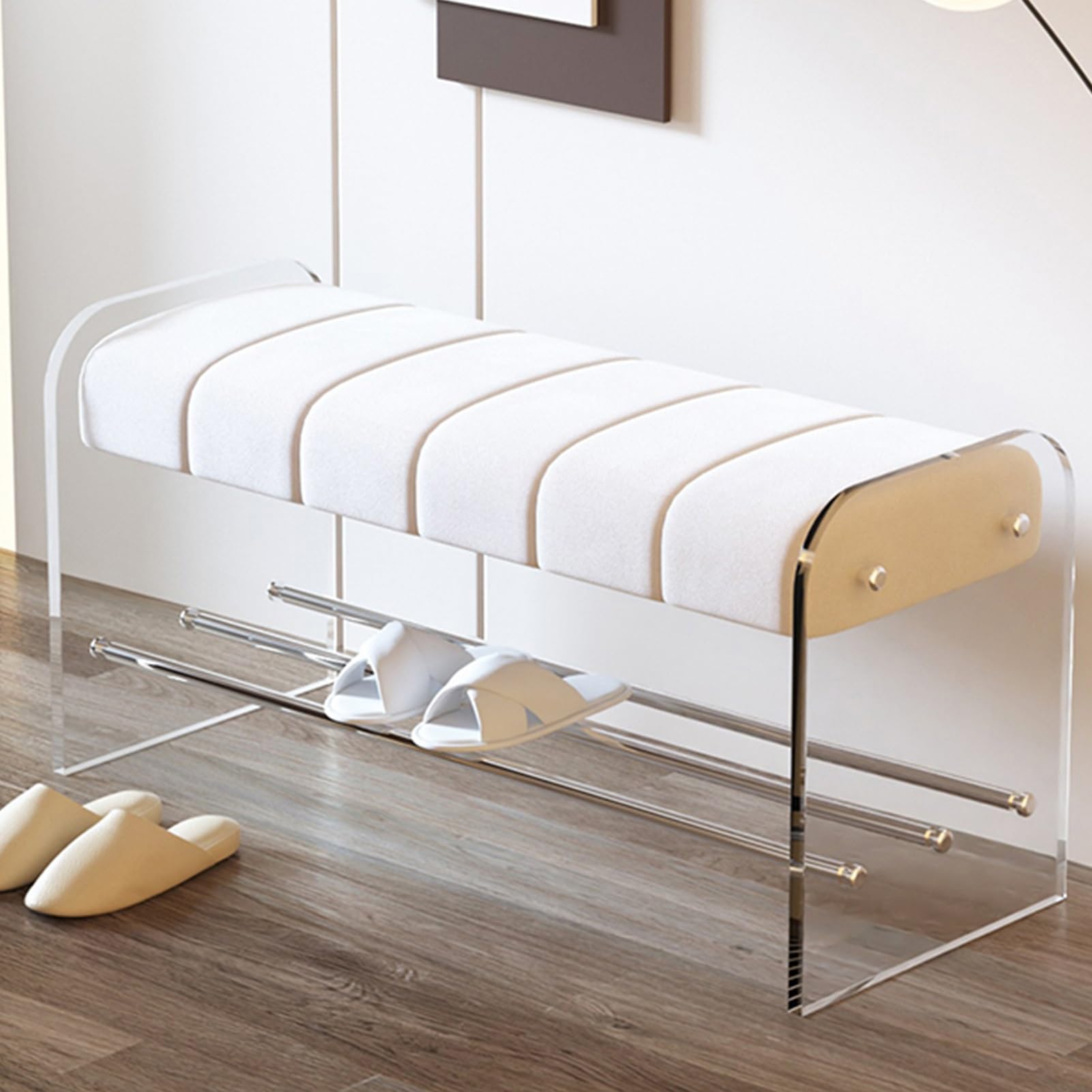 Banc à chaussures en acrylique blanc 80 cm avec coussin de rangement