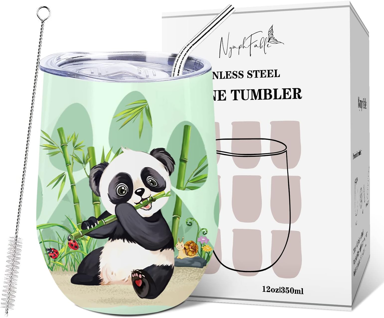 NymphFable 350ml Panda Gifts Travel Mug Insulated Coffee Wine Tumbler with Lid and Straw Stainless Steel Panda Coffee Cups