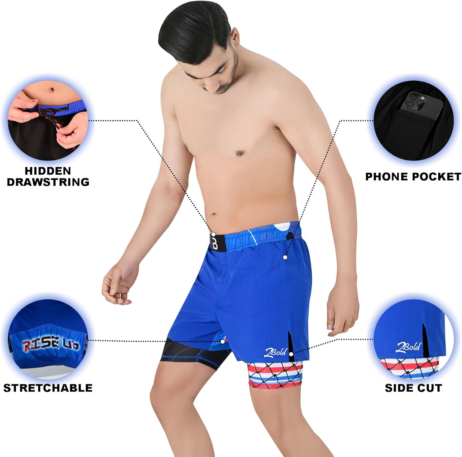 2BOLD MMA Shorts Men’s 2 in 1 Jiu-Jitsu Built in Compression Lining Athletic Gym Boxing Muay Thai BJJ No-Gi Grappling Shorts - Image 5