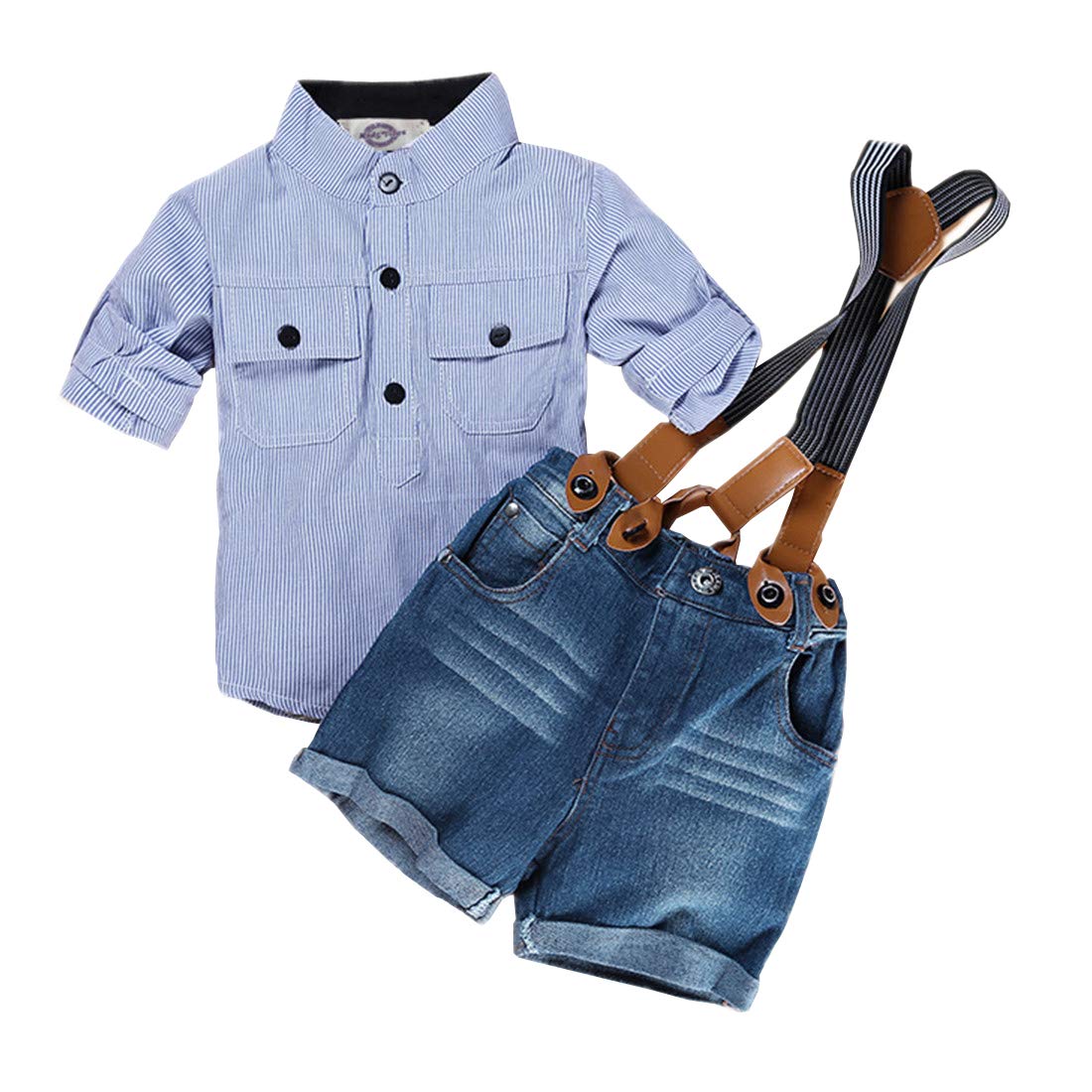 Amberetech Baby Boys Suspender Short Set Denim Overalls Outfit Cotton Long Sleeve Blue Stripe Shirt Two-Piece Suits (3-4 Years)