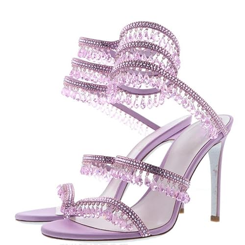 Longwenxuan Rhinestone Tassel Wrap Around High Heels Stiletto Sandals for Women,Women's Colorful Diamonds Twist Around Open Round Toe Lace up Heeled Sandals Date Banquet Dress Wedding Prom High Heeled Shoes - 6 - Purple