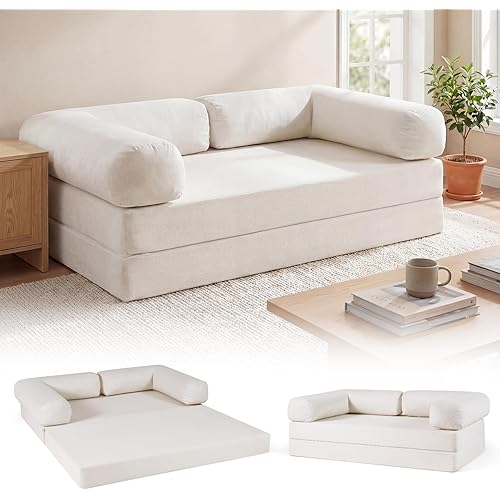 Giantex Folding Sofa Bed, 4-in-1 Convertible Futon Couch with Comfy Corduroy Cover & L-Shaped Removable Armrests, No Assembly Sponge Loveseat, Fold-Out Sleeper Bed for Living Room, Guest Room (Beige)