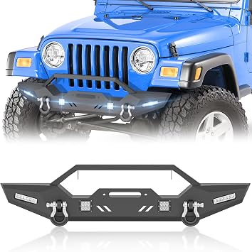 for Wrangler TJ LJ YJ Front Bumper with 4 x 18W LED Lights, 12,000 LBS Winch Plate & 2 x 4.75-ton D-rings, Off-Road Bumper Compatible with 1987-2006 Jeep Wrangler TJ LJ YJ Unlimited 2/4 Doors