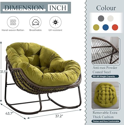 Miniatura 31 de Mecedora para exteriores, silla mecedora de huevos de mimbre de gran tamaño, para interiores y exteriores, cómoda silla mecedora con cojín grueso