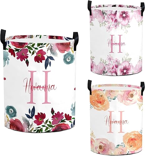 Cesta de lavandería personalizada para bebé con flores personalizada con nombres para niña, organizador de almacenamiento plegable con asa para