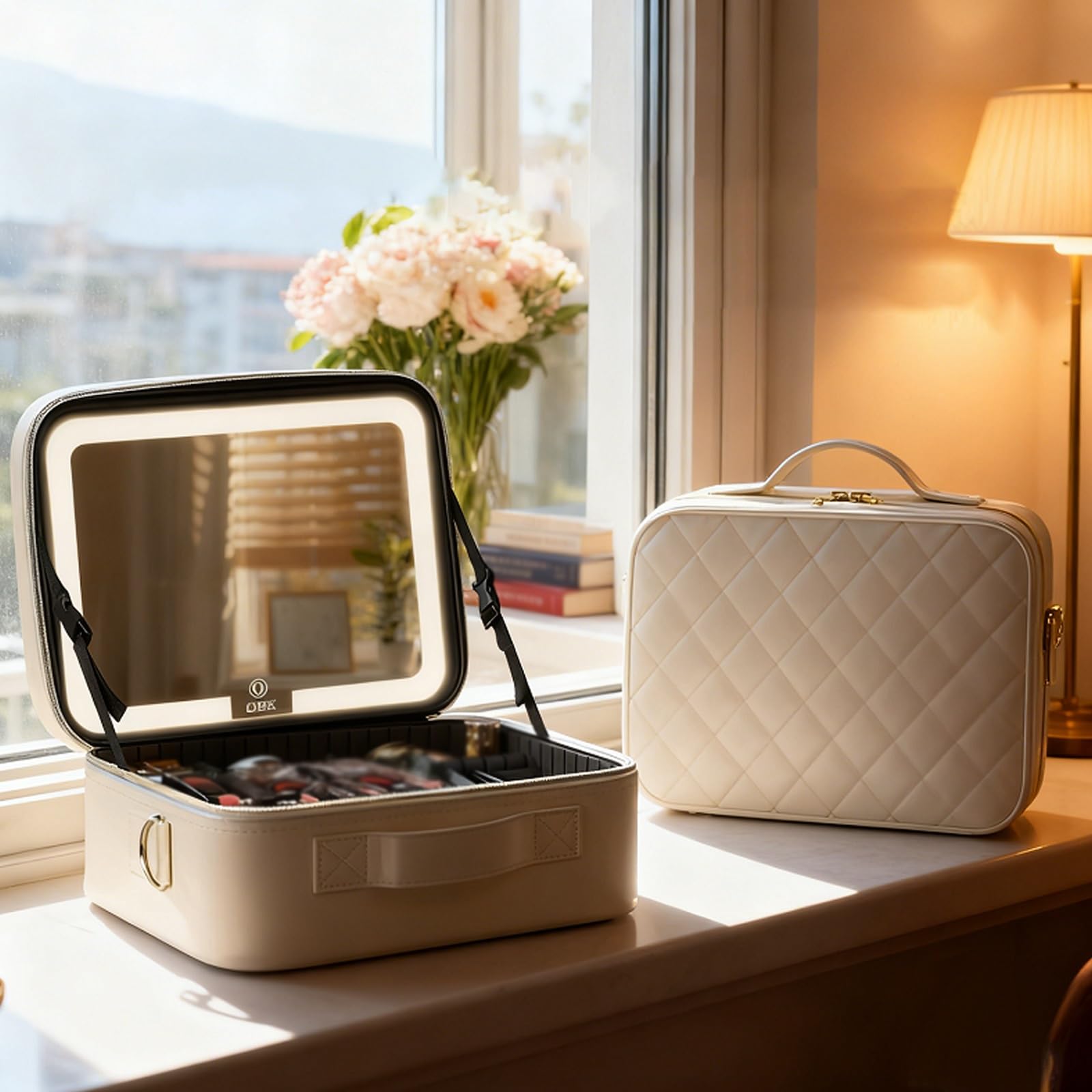 Borsa Per Il Trucco Di Grande Capacità Con Specchio LED, Custodia Per Il Trucco Professionale Con Luci A 3 Colori, Specchio Cosmetico Staccabile，Beauty Case Da Viaggio