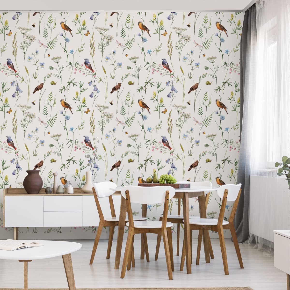 Muralo Tapeta z włókniny, 10 m, rolki, ptaki, kwiaty, liście, owady, natura, dekoracja XXL, tapeta z włókniny, 1000 x 53 cm, tapeta ścienna, do jadalni, salonu, sypialni, nowoczesny wzór, dekoracja