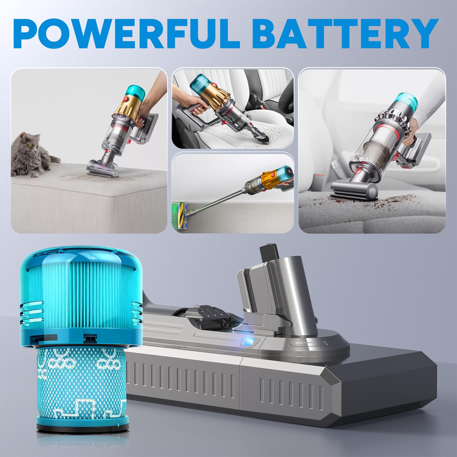 ASUNCELL SV15 3900 mAh V11 - Batería para Dyson con 2 filtros, batería de repuesto de 25,2 V para V11 Torque Drive Outsize Absolute Extra V15 Detect Absolute Extra SV16 SV22