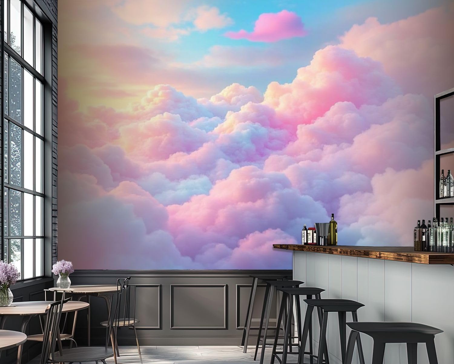 Colorful Cloud Fluffy Clouds Pink Purple Tones Golden Sunrise Sky Wall Mural Peel & Stick Wallpaper Removable Self-Adhesive Large Wall Sticker Wall Decor for Bedroom Living Room Nursery 100"x144"
