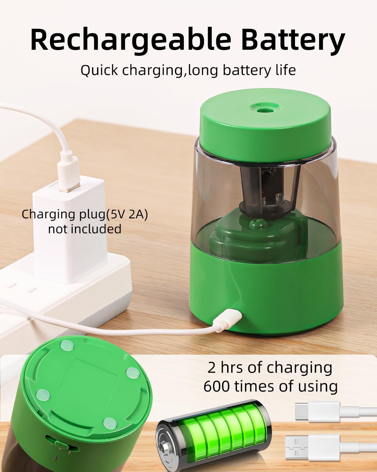 ZMOL Electric Rechargeable Pencil Sharpener, Automatic Pencil Sharpeners Kids, Battery Pencil Sharpeners for Colored Pencils, Auto Stop, Suitable for No.2(6-8mm), Classroom/Home Green