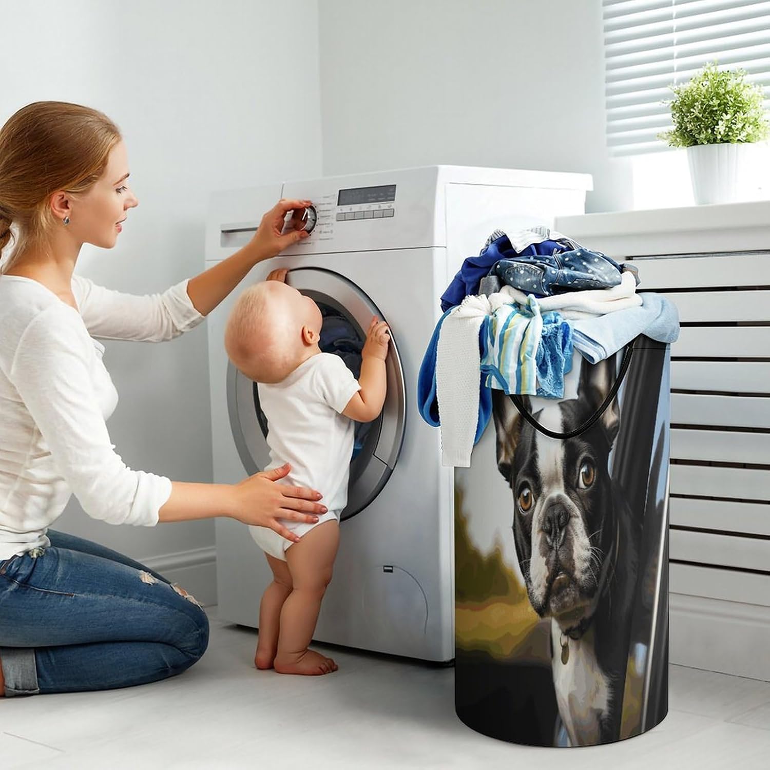Puppy Dog Boston Terrier Large Capacity Laundry Baskets,Collapsible Clothes Hamper with Handles，Laundry Hampers for Bathroom,Bedroom,Towels