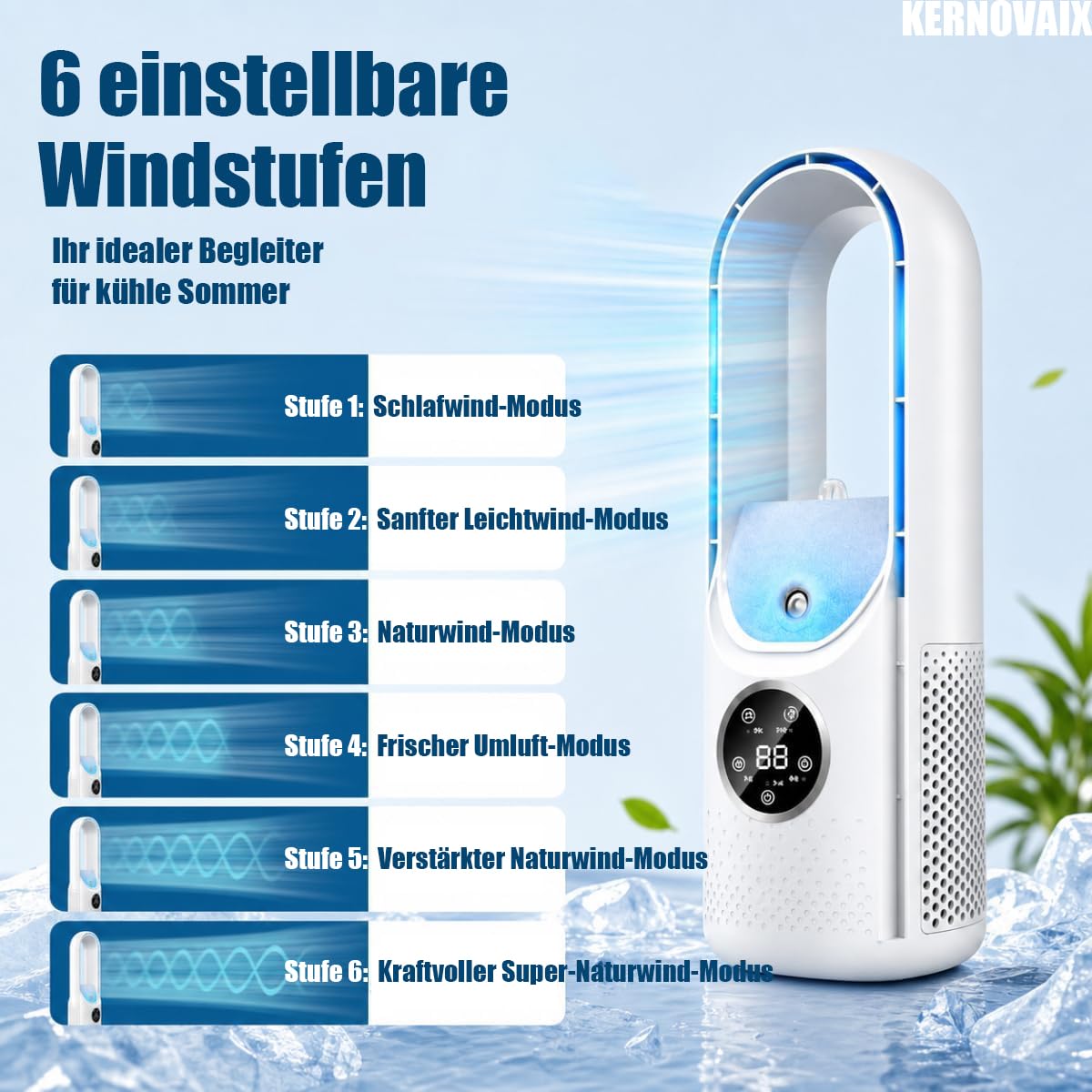 Ventilatore da tavolo senza pale, 6 livelli di velocità del vento, USB con umidificatore, timer, luce LED, silenzioso, funzionamento touch, per camera da letto, ufficio, casa e ufficio