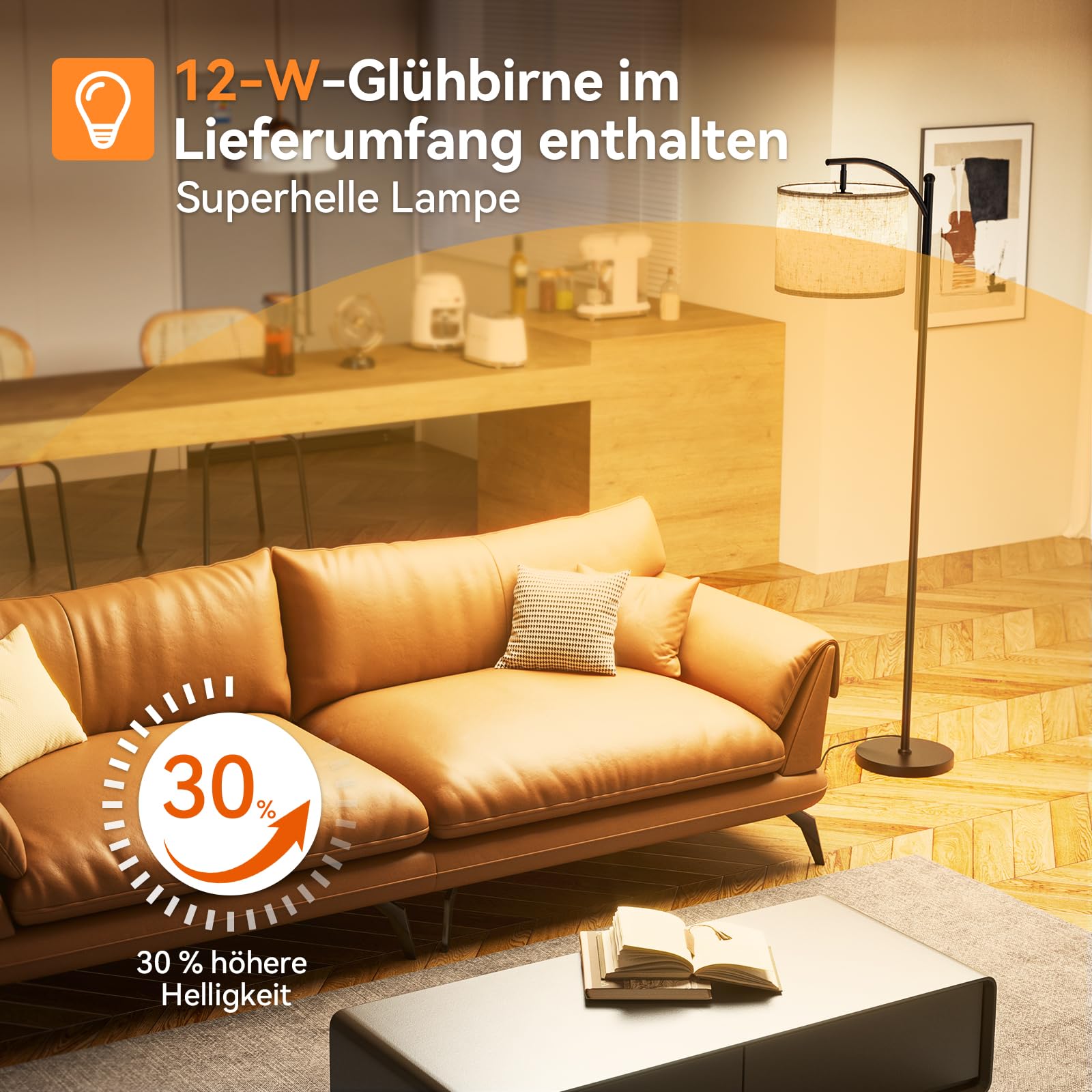Stehlampe Wohnzimmer Dimmbar, Modern Standleuchte mit 3 Farbtemperaturen, Beigen Leinen-Lampenschirm, 12W Glühbirne inklusive, Fernbedienung und Fußschalterfür Wohnzimmer, Schlafzimmer, Büro