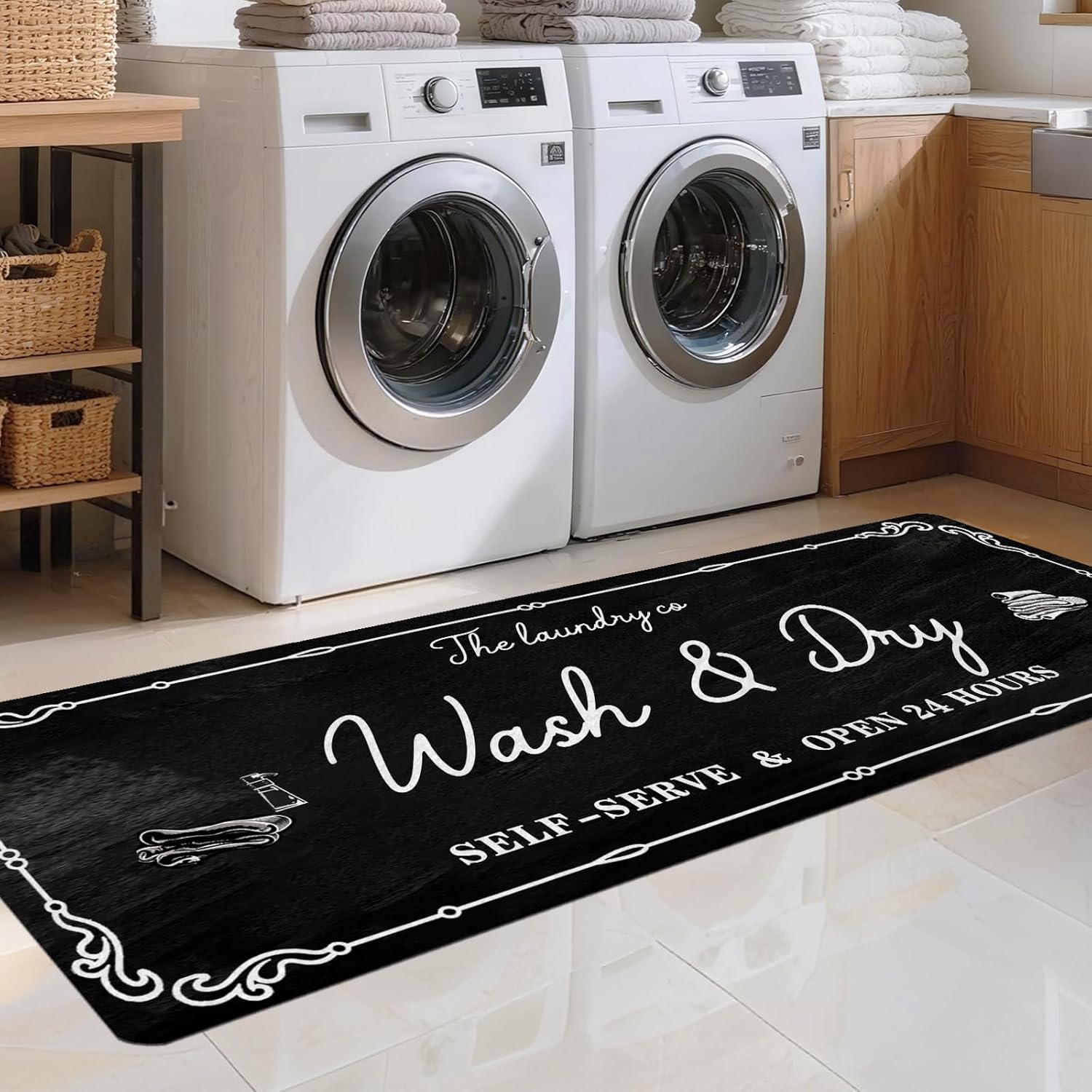 Laundry Room Rug Runner, 20"x59" Non Slip Laundry Mat Organization Washable Floor Carpet Farmhouse Decor for Kitchen Bathroom Mudroom Washroom Black