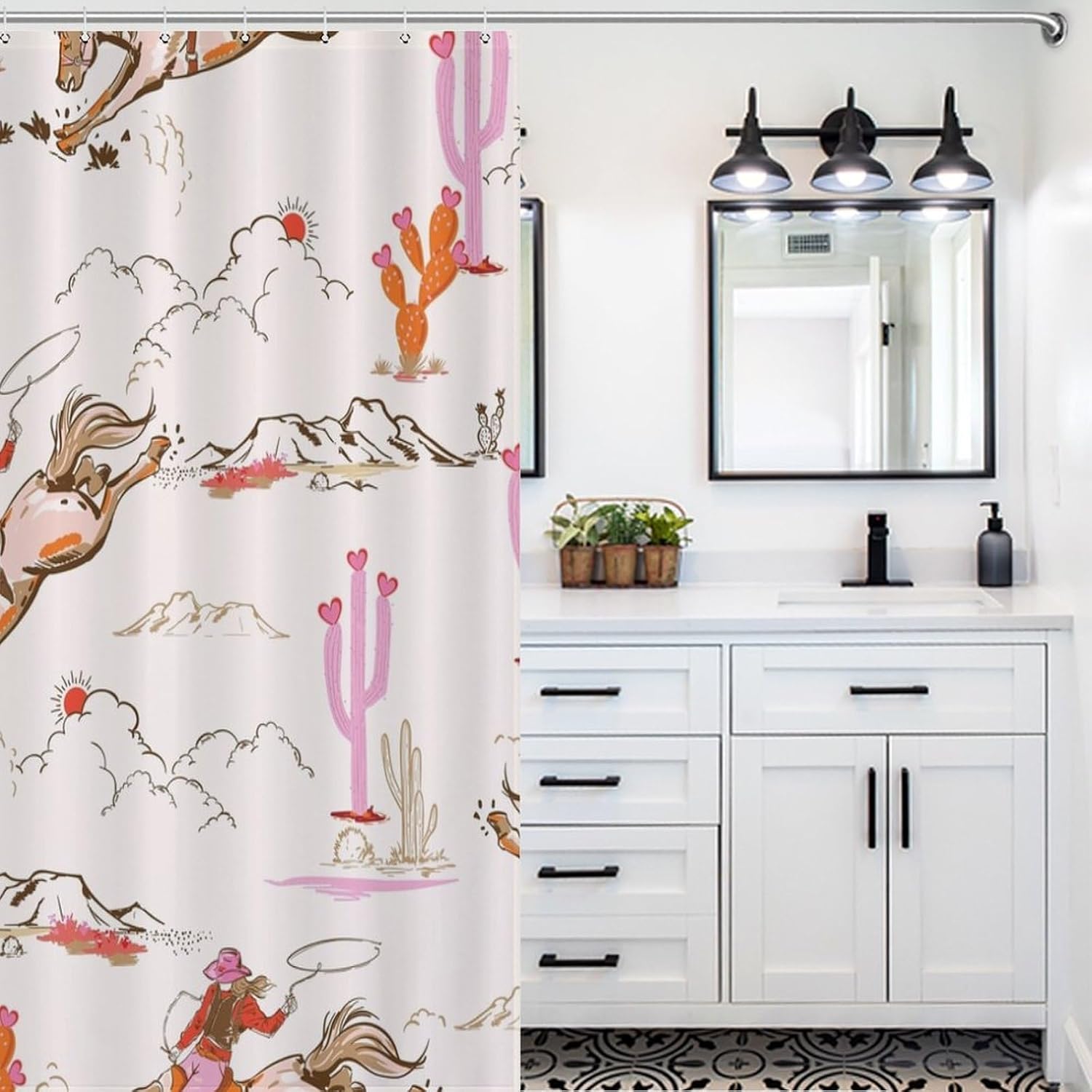 Vintage Western Cowgirl Shower Curtains ，Rustic Wild West Cowboy Ride Horse and Desert Cactus Polyester Waterproof Cloth Bathroom Curtain with 12 Hooks 72x72Inch (183x183cm)