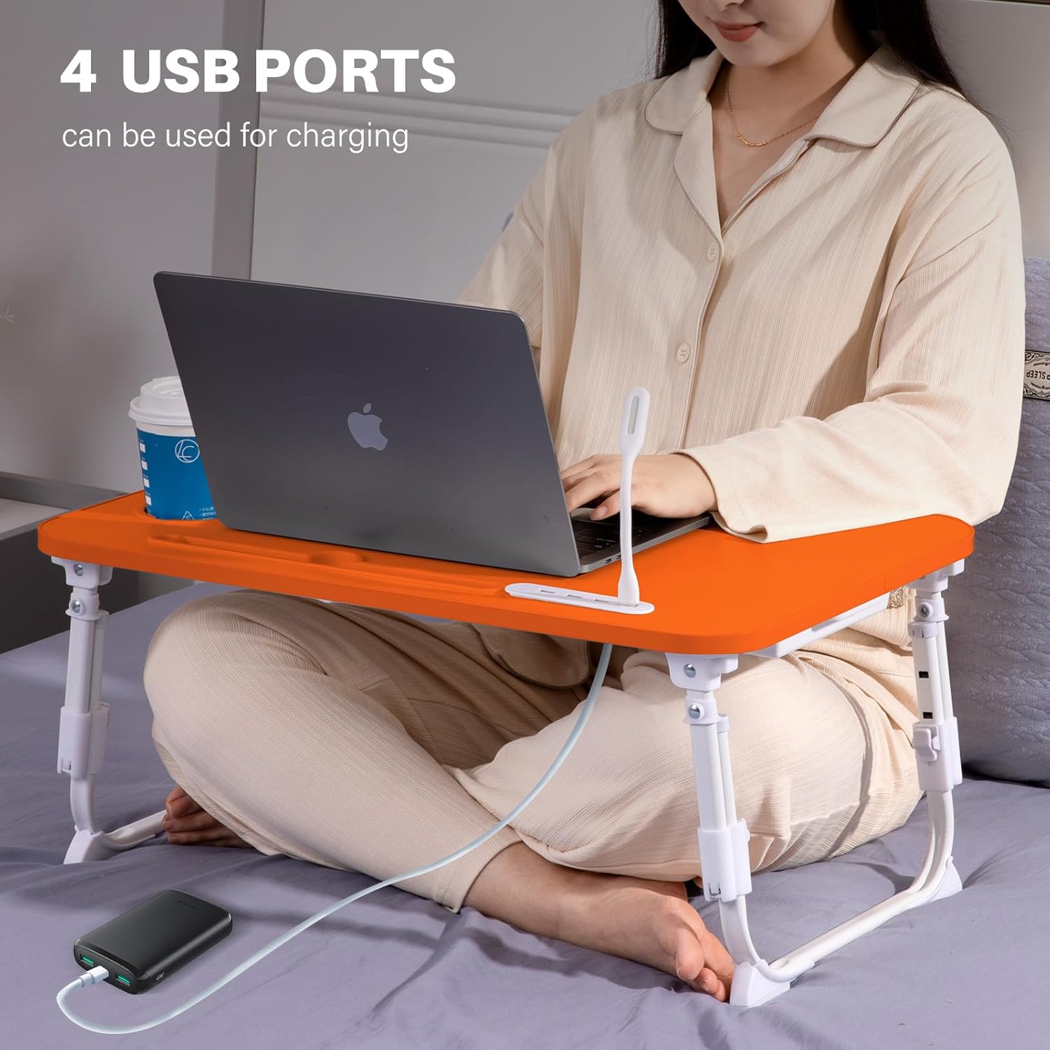 Ergonomic Lumbar Pillow & Laptop Bed Tray Bundle – Back Pain Relief Cushion for Chair/Car + Foldable Desk with USB/Drawer/Cup Holder