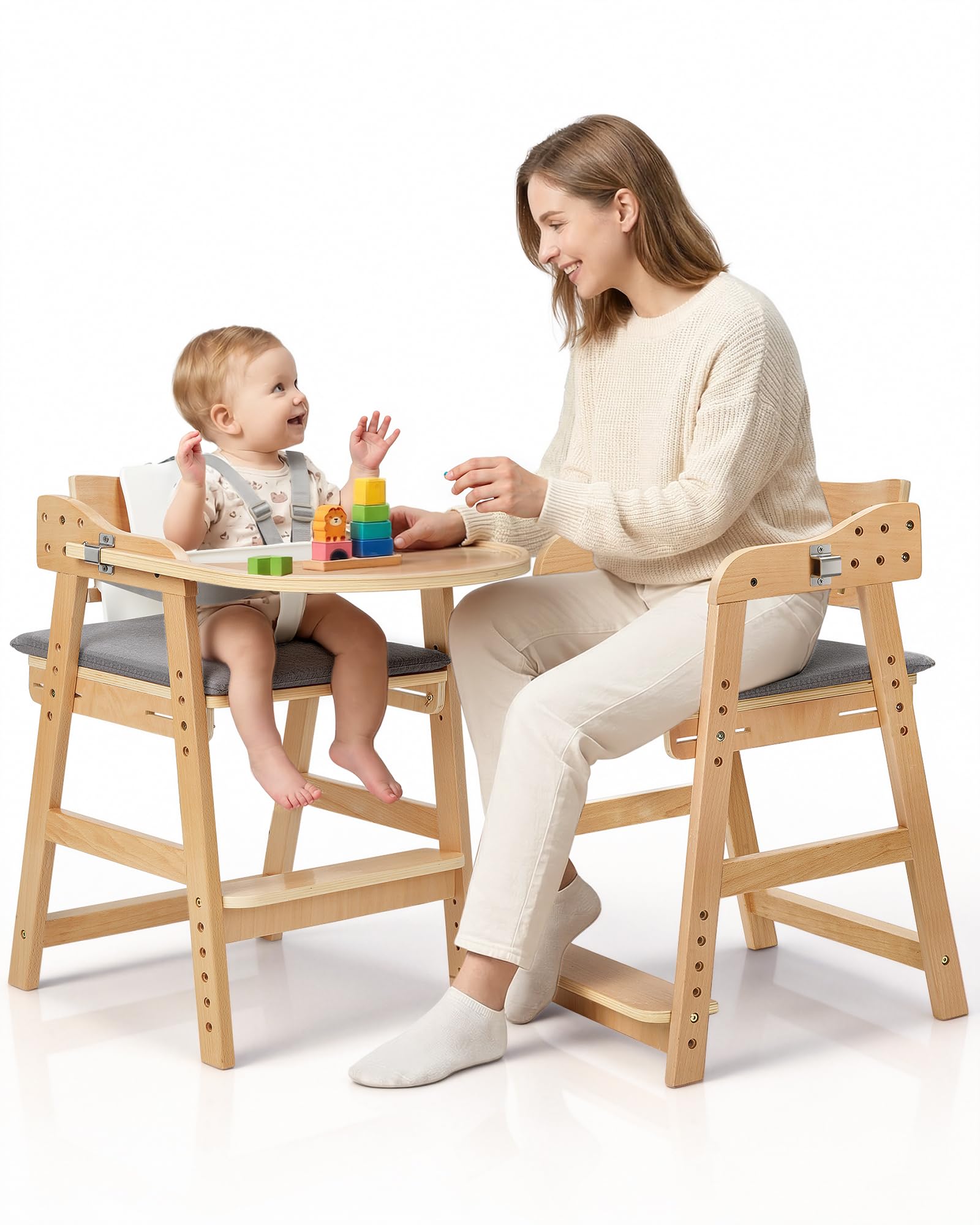 ONTHEWEI Wooden Baby High Chair for Babies, Toddler & Adult Up to 330Lbs, Anti-Tip Adjustable High Chair with Detachable Tray, Baby Sets, Soft Cushion, Ergonomic & Easy Clean