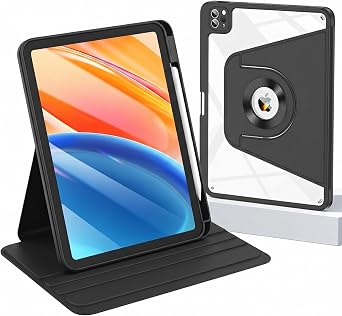 Rotating Case for iPad A16 11th Gen/iPad 10th Generation, Magnetic Detachable Protective Stand Slim Clear Cover with Pencil Holder and Auto Sleep/Wake, Black