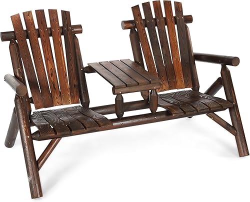 Miniatura 8 de Banco Adirondack de madera para 2 personas para exteriores, juego de muebles de conversación con sofá biplaza rústico y mesa integrada, banco de