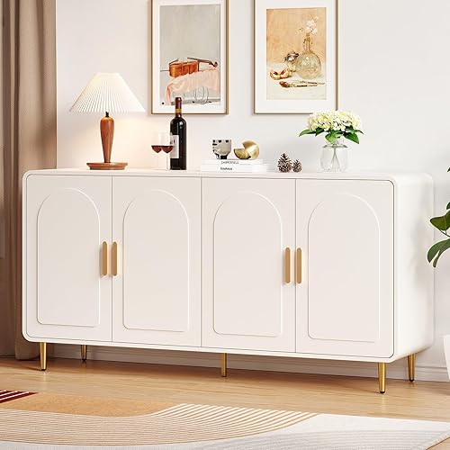 ONBRILL 60" Sideboard Buffet Cabinet, Large Credenza Storage Cabinet, Modern Console Table with Doors and Shelves, White Coffee Bar for Living Dining Room Kitchen Hallway
