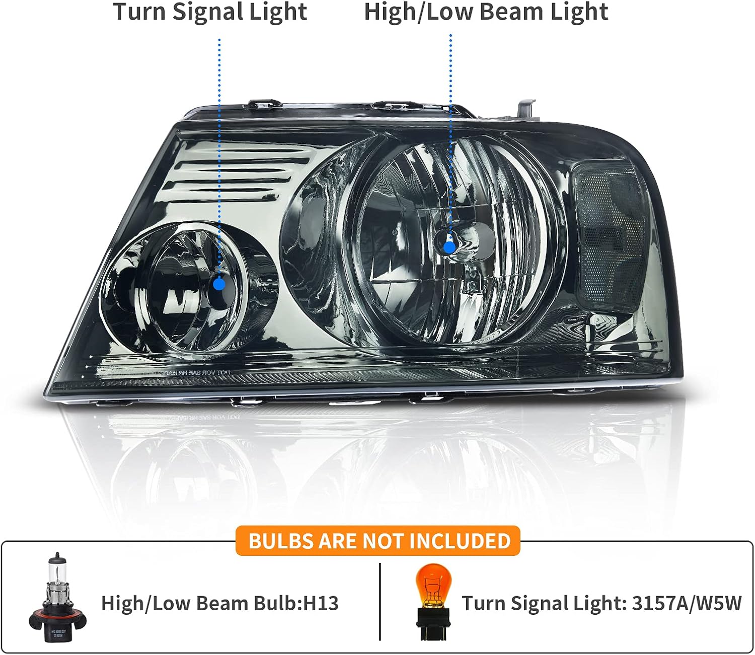 DWVO Headlights Assembly Compatible with 2004 2005 2006 2007 2008 Ford F-150/06 07 08 Lincoln Mark LT OE Headlamp Chrome Housing Smoke Lens Clear Reflector