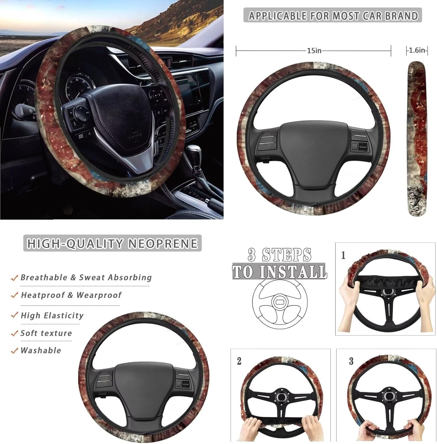 American Flag Wolf Print Car Seat Cover Set Automotive Interior Accessories Set for Women Men, Front and Rear Seat Covers, Steering Wheel Cover, Seat Belt Pad, 9 Pack